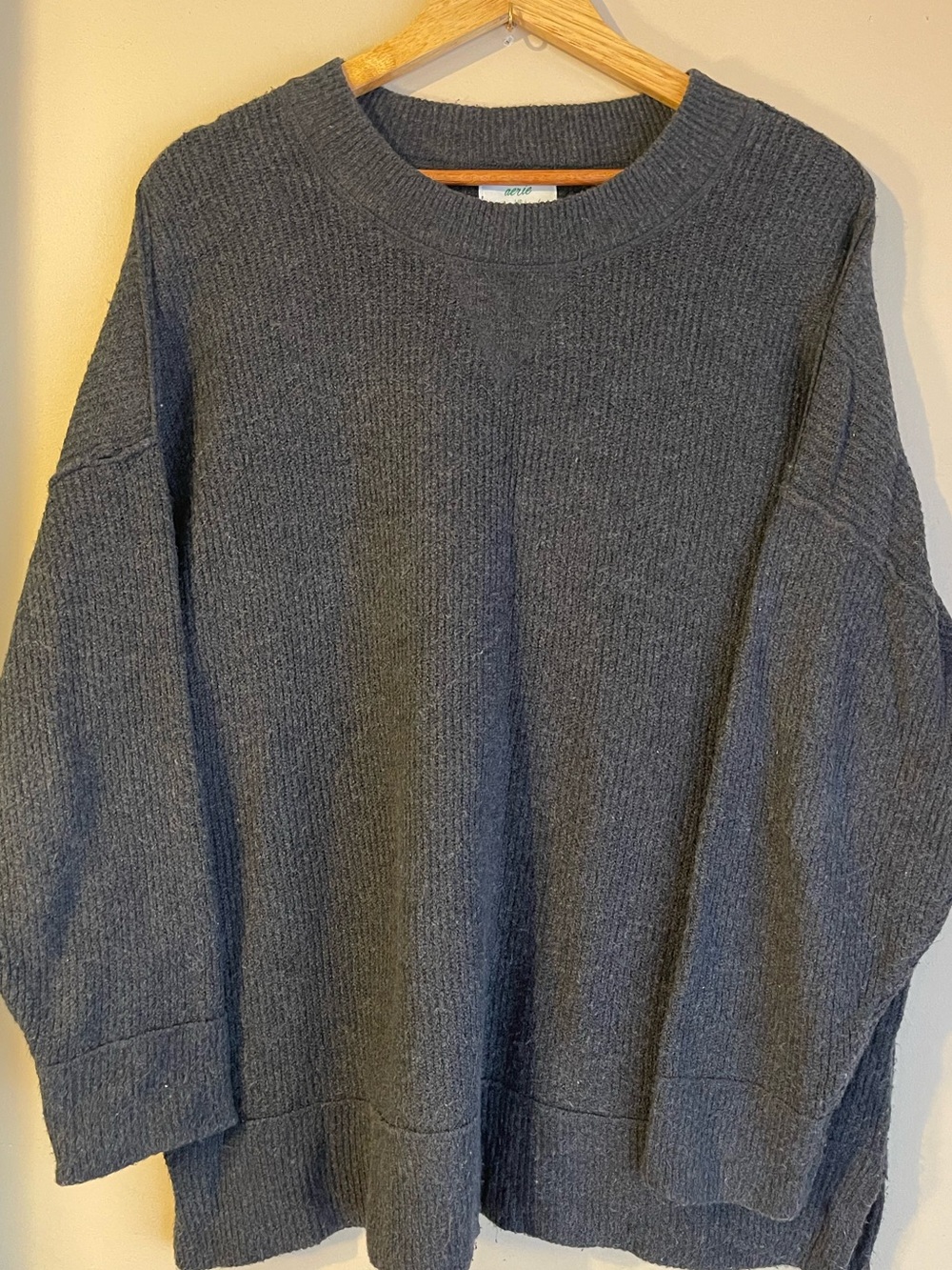 Aerie Charcoal Gray Oversized Ribbed Knit Crewneck Pullover Sweater Sz L